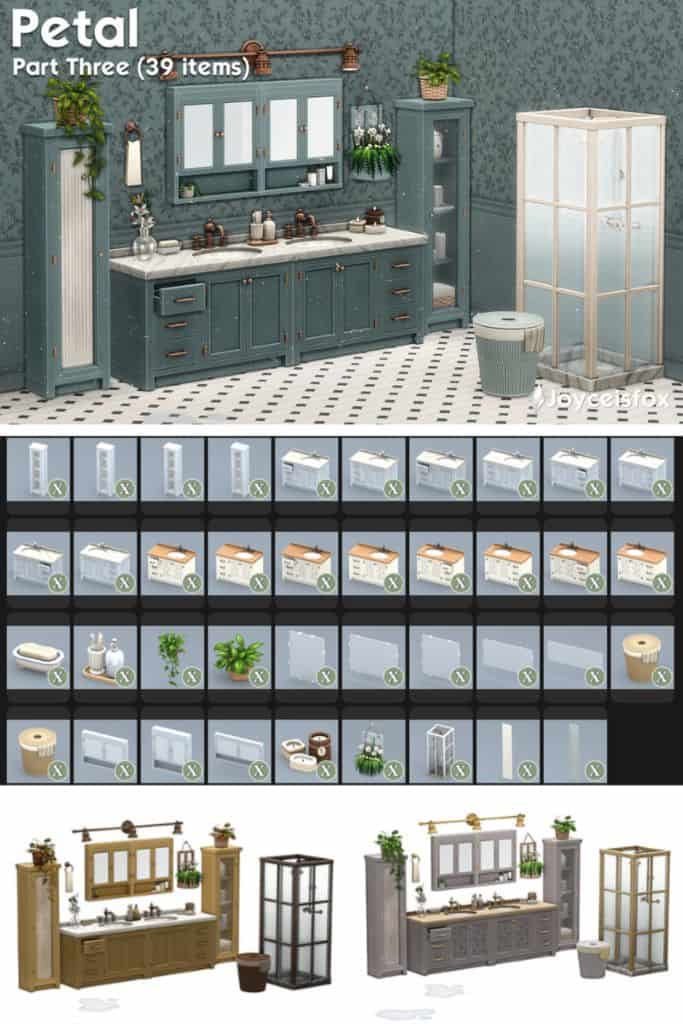 a blue bathroom setup with cc shown in a table