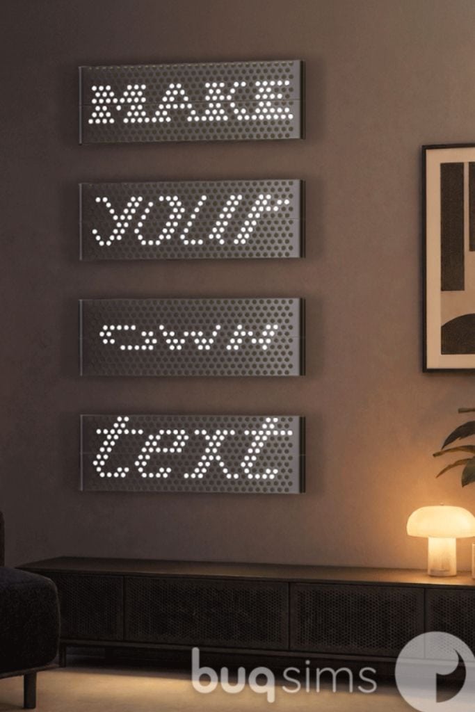 dark metal pegboard panels mounted vertically on a brown wall, with glowing white LED dots arranged into different words