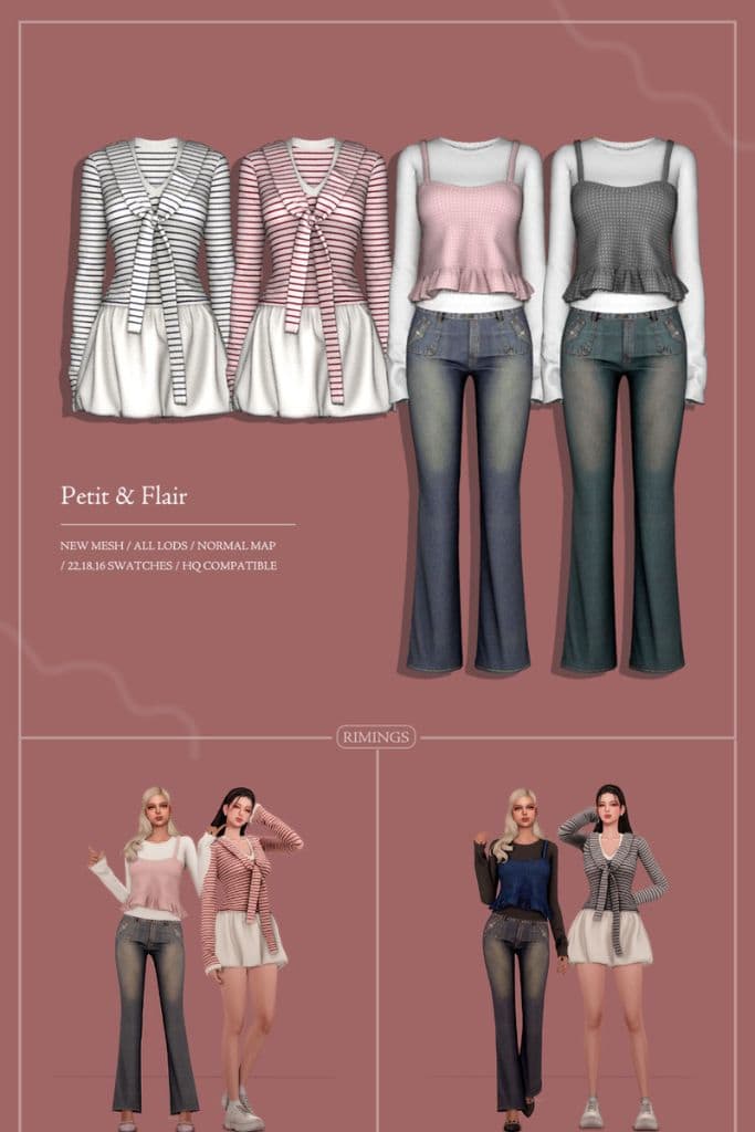 female Sims wearing long-sleeve tops paired with jeans and others in mini dresses