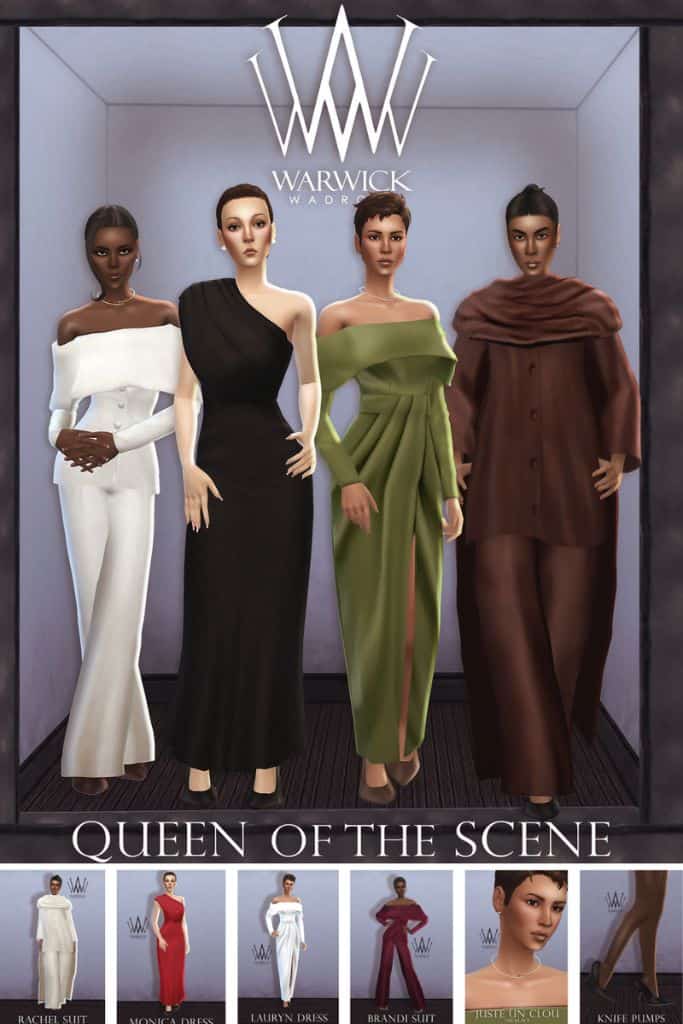 four female Sims wearing runway-inspired clothing and accessories