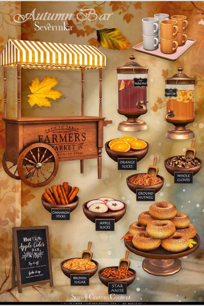 collage of a Autumn-themed drink bar with apple cider, mulled wine and donuts