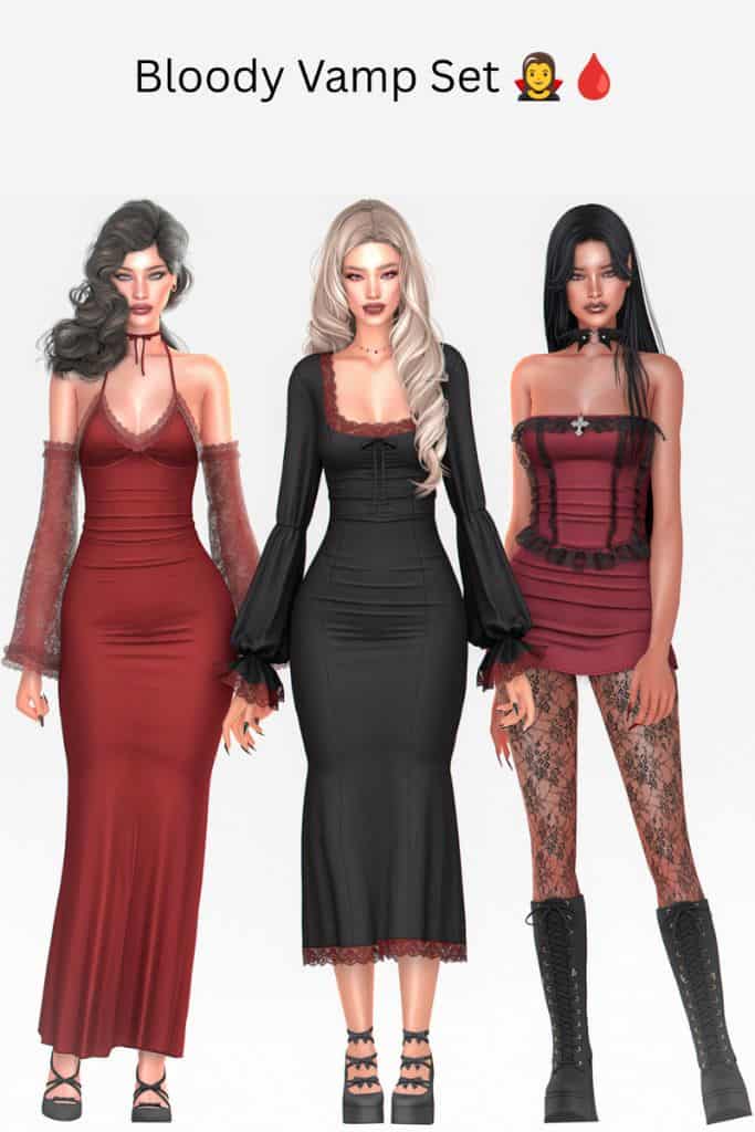 dress female Sims wearing gothic red and black dresses with lace details