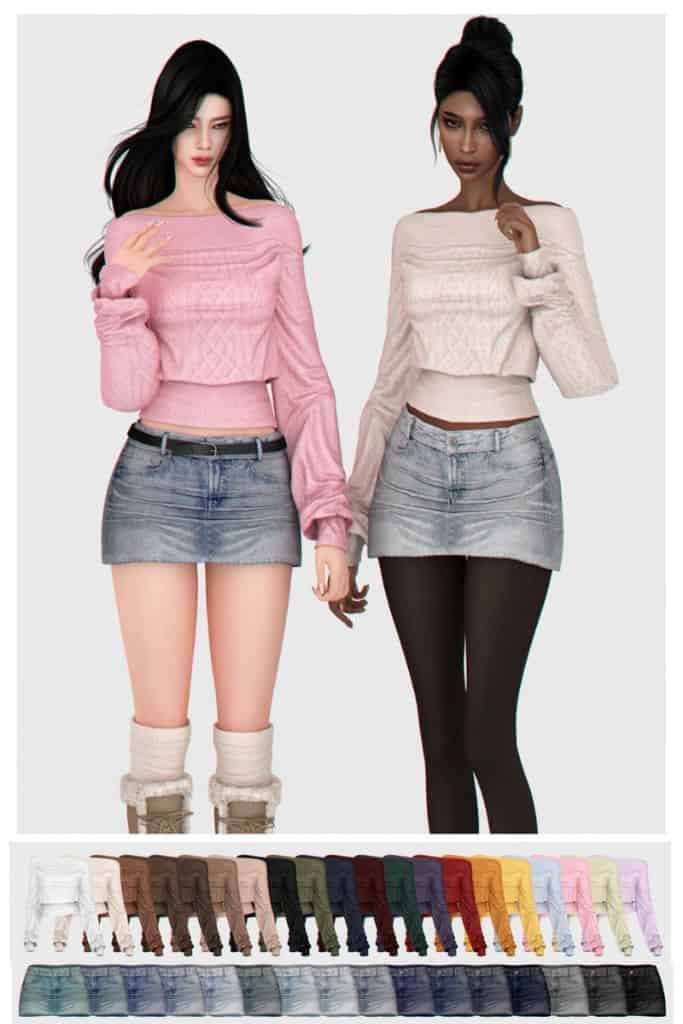 two female Sim wearing knit sweaters and belted denim mini skirts