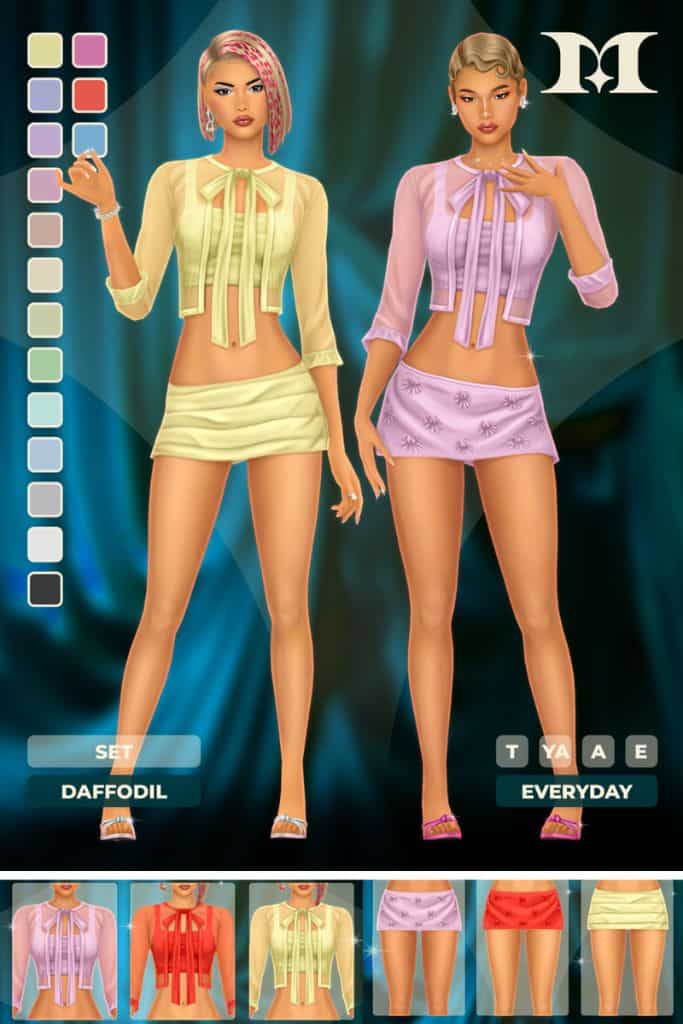 two female Sims wearing flowing crop tops and mini skirts