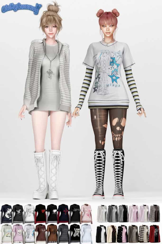 two female Sims wearing casual layered outfits