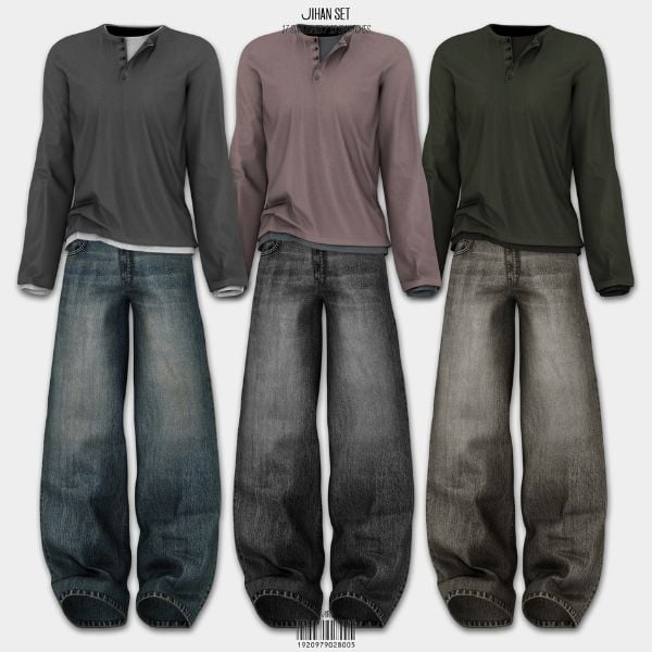 collage of long-sleeve tops and jeans for male Sims in different colors