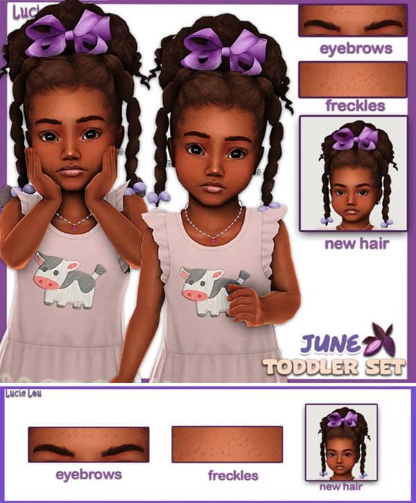 female toddler with an updo hairstyle with braided tendrils, and a large purple bow, defined eyebrows and freckles