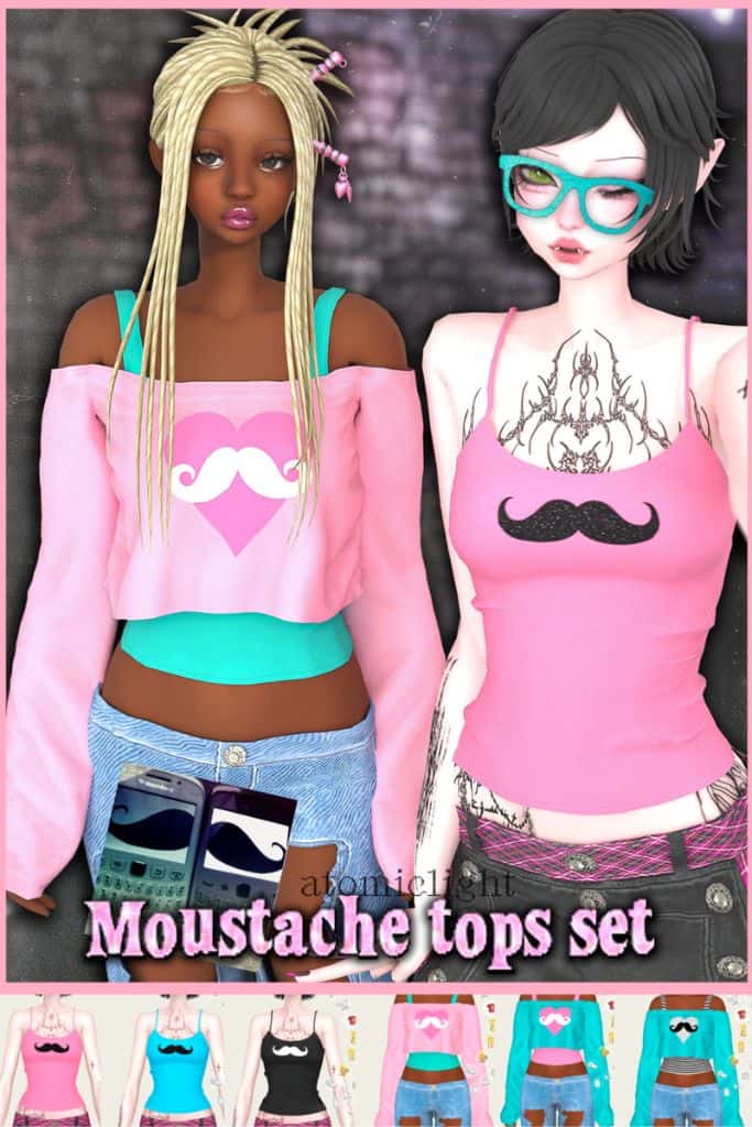 two female Sims wearing two styles of tops with moustache designs on the front