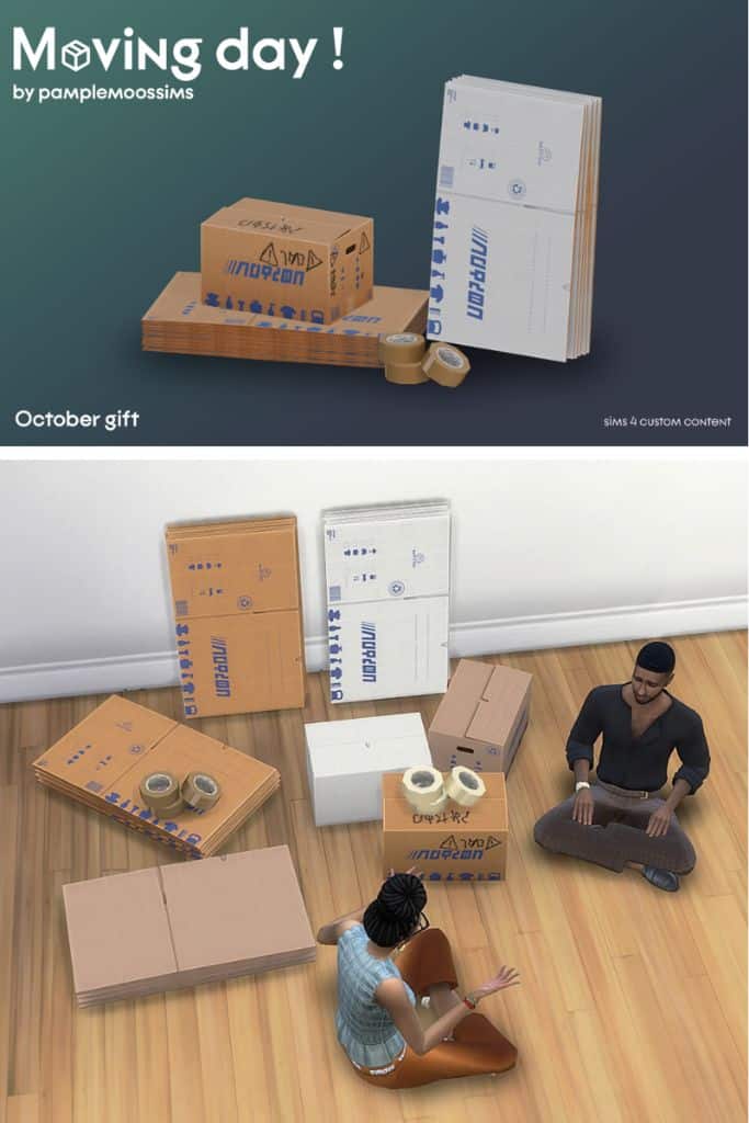 two Sims sitting around surrounding by moving boxes