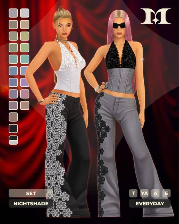 two female Sims wearing lace halter tops and embroidered pants