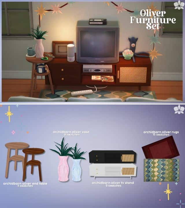 a small living room set with a TV standr4, end table, rugs and vase