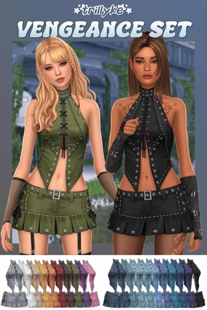 two female Sims wearing halter denim tops and pleated mini skirts