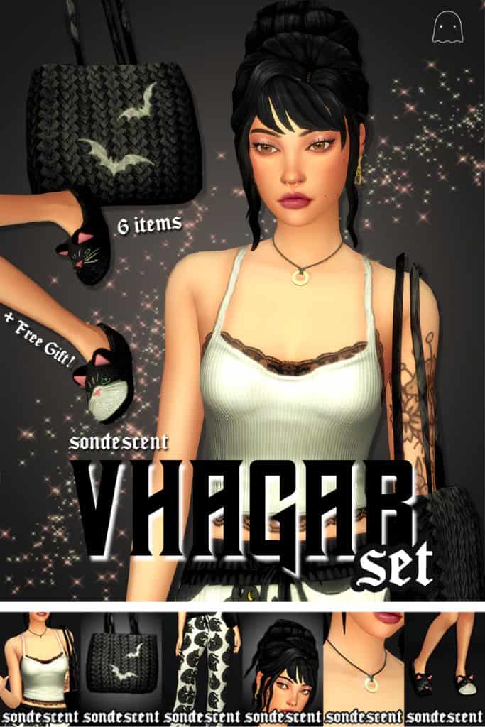 female Sim wearing a black and white cat-themed outfit