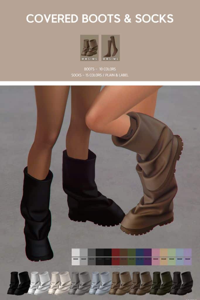 close up of slouchy mid-calf boots in black and beige color with more swatches show below them