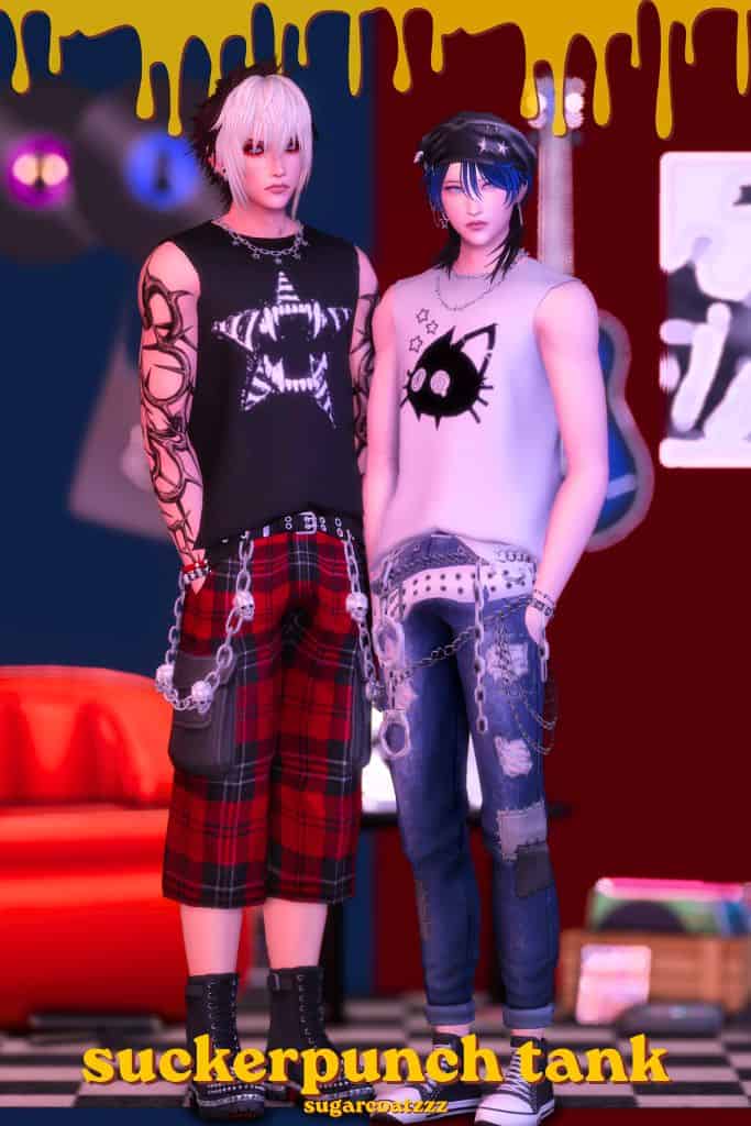 two Sims wearing sleeveless tanks with designs on the front