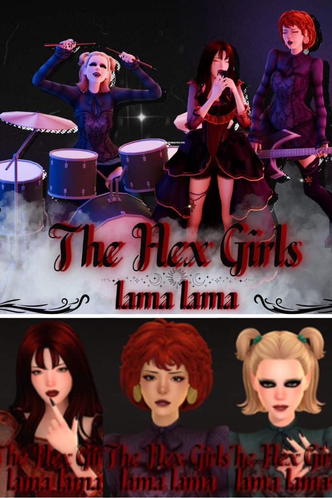 three female Sims with Hex Girls-inspired hairstyles