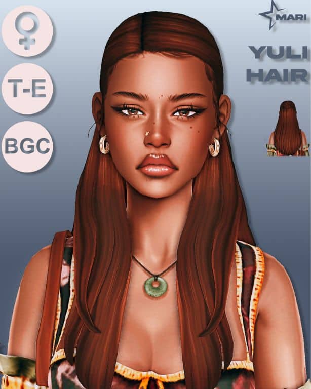 female Sim with long, smooth hair, partially up in a bun